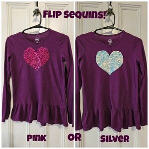 Wonder Nation Purple Flip Sequin Heart Long Sleeve Top Girls Size 14-16